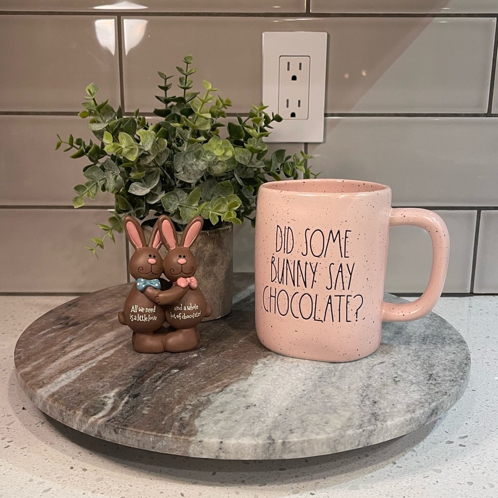 NWT - RAE DUNN “DID SOME BUNNY SAY CHOCOLATE?” Speckled Easter Mug